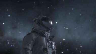 Astronot, Ay 'ın yüzeyinde kraterlerin arasında Dünya' nın arka planına karşı duruyor. Uzay keşfi kavramı.