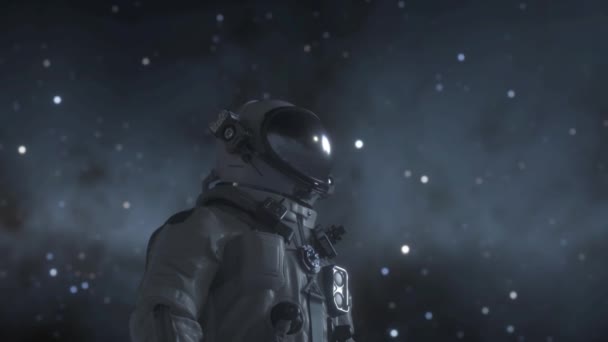 宇航员站在月球表面的陨石坑中 面对着地球的背景 空间探索概念 — 图库视频影像