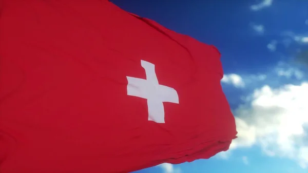 Swiss flag on flagpole. Switzerland flag fluttering in the wind. 3d illustration.