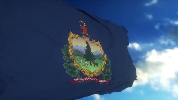 Vermont Vlag Een Vlaggenmast Zwaaiend Wind Blauwe Lucht Achtergrond — Stockvideo