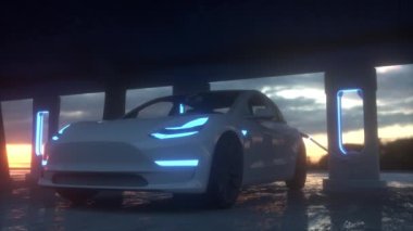 Şarj istasyonunda elektrikli araba. Elektrikli arabalar için şarj istasyonu.