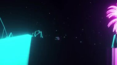 Astronot yanıp sönen neon ışıklarla çevrilidir. Müzik ve gece kulübü konsepti. Retro 80 'ler stili sentetik dalga arkaplanı.