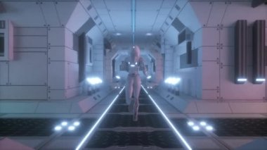 Astronot bir uzay gemisi tünelinden geçiyor. Uzay gemisi ve teknoloji konsepti.