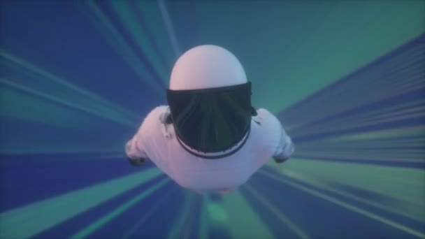 宇宙トンネルにいる宇宙飛行士 音楽とナイトクラブのコンセプト レトロ スタイルのシンセウェーブの背景 — ストック動画