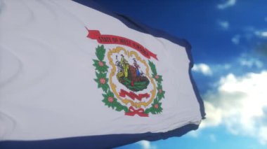 Batı Virginia bayrağı dalgalanan bir bayrak direğinde, mavi gökyüzü arka planında.