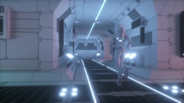 Astronaut Runs Spaceship Tunnel Spaceship Technology Concept — Stock Video