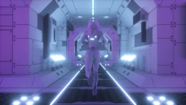 Astronaut Runs Spaceship Tunnel Spaceship Technology Concept — Stock Video