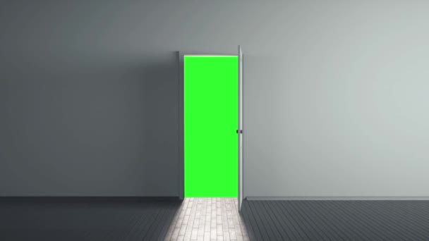 緑の画面 クロマキーへの白いドアの開口部 — ストック動画