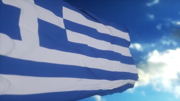 Bandera Grecia Ondeando Viento Cielo Sol Fondo Grecia Bandera Vídeo — Vídeo de stock
