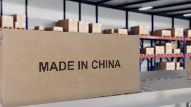 Feito China Conceito Importação Exportação Caixas Papelão Com Produto China — Vídeo de Stock