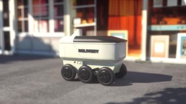 Otomatik Dağıtım Robotu ve Otomatik Sürüş Teknolojisi. Otomatik dağıtım robotu cadde boyunca sürüyor. Gelecek Teslimat Sanayii Lojistik.