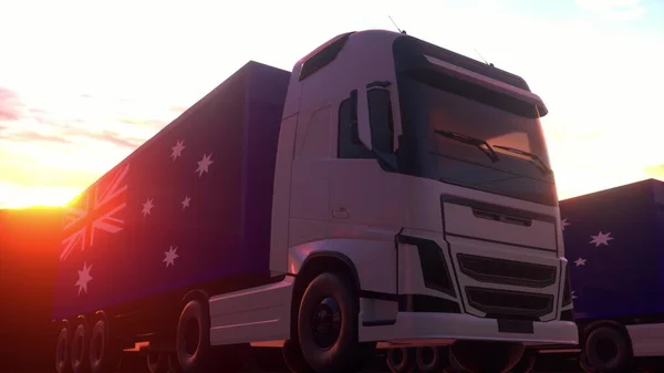 Cargo trucks with Australia flag. Trucks from Australia loading or unloading at warehouse dock. 3d illustration.