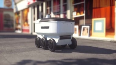 Yemek dağıtım robotu caddenin aşağısına gidiyor. Gelecekteki Teknoloji için Otomatik Teslimat Robot Servisi.