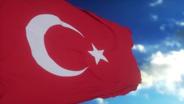 土耳其红旗迎风飘扬 迎着蓝天飘扬 — 图库视频影像