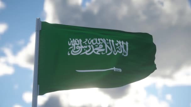 Saudiarabiens Nationella Flagga Viftar Vinden Grönt Fält Med Shahada Och — Stockvideo