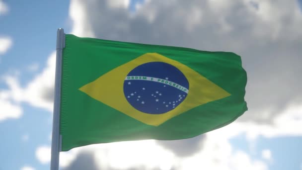 Bandera Nacional Brasil Ondeando Viento Fondo Cielo Azul — Vídeo de stock