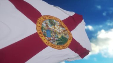 Florida bayrağı gökyüzünde dalgalanan bir bayrak direğinde. Florida Eyaleti Amerika Birleşik Devletleri.