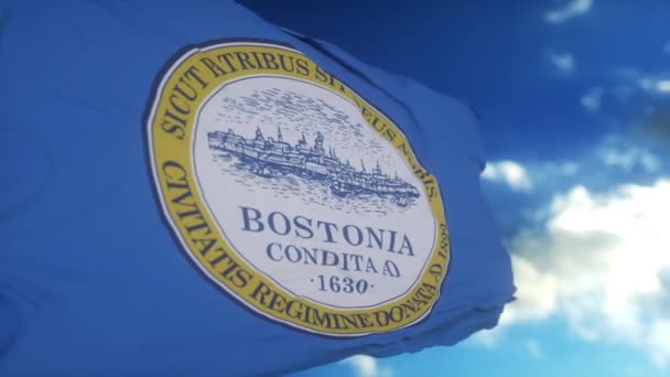 ボストン市 空の背景に風を振るアメリカの旗 — ストック動画