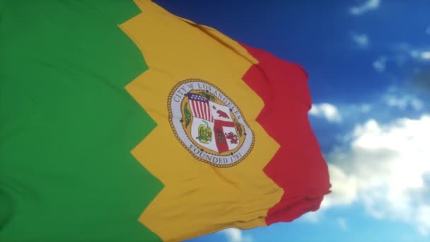 Los Angles Város Amerikai Zászló Integetett Szél Égen Háttér — Stock videók
