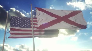 Alabama eyaletinin ve Amerika Birleşik Devletleri 'nin bayrakları rüzgarda sallanıyor. Amerikan devleti. Demokrasi ve bağımsızlık kavramı.