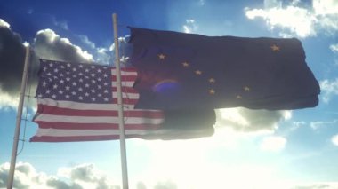 Alaska eyaletinin ve Amerika Birleşik Devletleri 'nin bayrakları rüzgarda sallanıyor. Amerikan devleti. Demokrasi ve bağımsızlık kavramı.