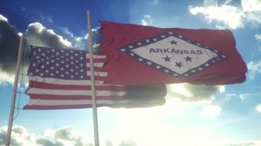 Arkansas eyaletinin ve Amerika Birleşik Devletleri 'nin bayrakları rüzgarda sallanıyor. Amerikan devleti. Demokrasi ve bağımsızlık kavramı.