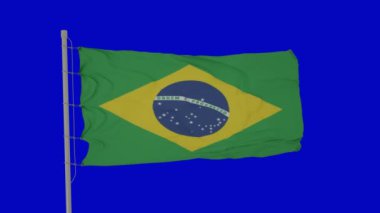 Brezilya ulusal bayrağı mavi arka planda izole bir şekilde dalgalanıyor. Kusursuz 3B canlandırma canlandırması.