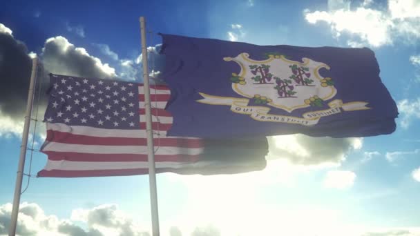 Connecticut Eyaletinin Amerika Birleşik Devletleri Nin Bayrakları Rüzgarda Sallanıyor Amerikan — Stok video