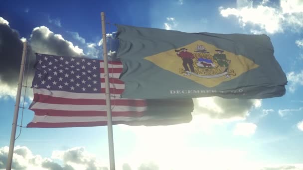 Delawares Statsflagg Vifter Med Usas Nasjonale Flagg Bakgrunnen Det Klar – stockvideo