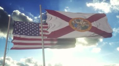 Florida eyaletinin bayrakları Amerika Birleşik Devletleri bayrağıyla birlikte dalgalanıyor. Arka planda açık bir gökyüzü var..