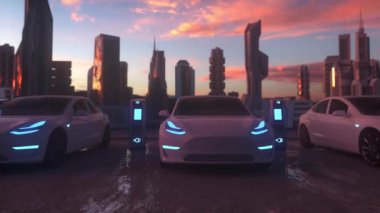 Geleceğin arka planında arabaları olan elektrik şarj istasyonu. Alternatif enerji elektrikli araba şarj istasyonu.