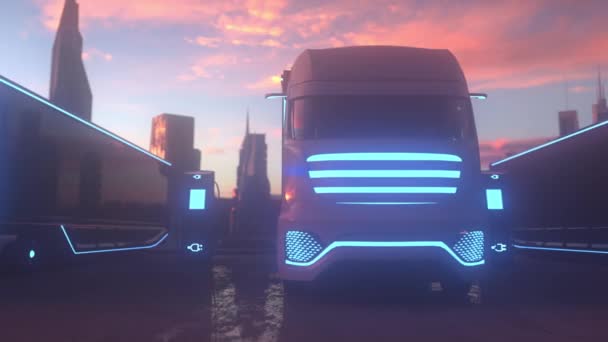 Camiones Eléctricos Futuristas Cargando Central Eléctrica Concepto Transporte Del Futuro — Vídeos de Stock