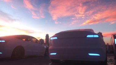 Geleceğin arka planında arabaları olan elektrik şarj istasyonu. Alternatif enerji elektrikli araba şarj istasyonu.