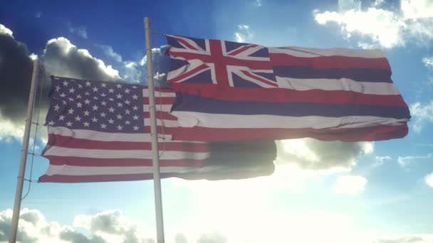 Havajské Státní Vlajky Vlající Spolu Národní Vlajkou Spojených Států Amerických — Stock video