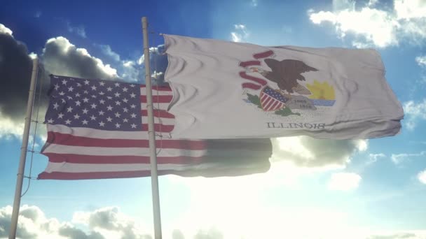 Bandeiras Estado Illinois Acenando Junto Com Bandeira Nacional Dos Estados — Vídeo de Stock
