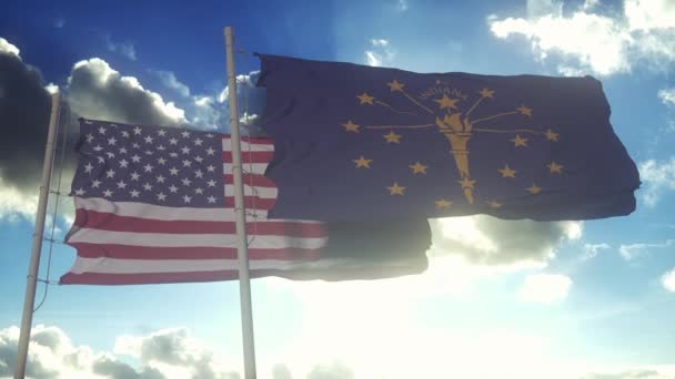 Bandera Del Estado Indiana Ondeando Junto Con Bandera Nacional Los — Vídeos de Stock