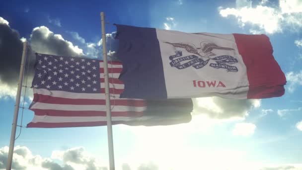 Vlajky Státu Iowa Vlající Spolu Národní Vlajkou Spojených Států Amerických — Stock video