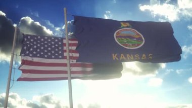 Kansas eyaletinin bayrakları Amerika Birleşik Devletleri bayrağıyla birlikte dalgalanıyor. Arka planda açık bir gökyüzü var..
