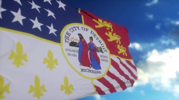 底特律市的国旗 美国或美国的城市 在蓝天迎风飘扬 — 图库视频影像