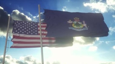 Maine eyaleti bayrakları Amerika Birleşik Devletleri bayrağıyla birlikte dalgalanıyor. Arka planda açık bir gökyüzü var..