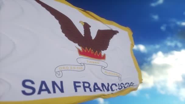 Σημαία Σαν Φρανσίσκο Καλιφόρνια Κυματίζει Στον Άνεμο Τον Ουρανό Και — Αρχείο Βίντεο