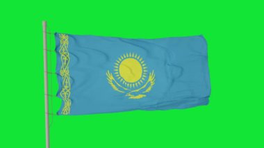Kazakistan Bayrağı yeşil ekran veya krom anahtar arka planda rüzgarda dalgalanıyor.