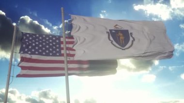 Massachusetts eyaletinin bayrakları Amerika Birleşik Devletleri bayrağıyla birlikte dalgalanıyor. Arka planda açık bir gökyüzü var..