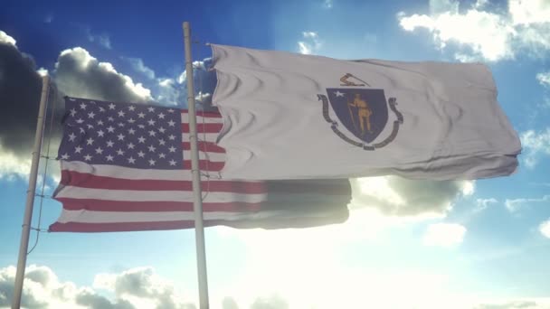 Vlajky Státu Massachusetts Vlající Spolu Národní Vlajkou Spojených Států Amerických — Stock video
