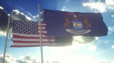 Michigan eyaletinin bayrakları Amerika Birleşik Devletleri bayrağıyla birlikte dalgalanıyor. Arka planda açık bir gökyüzü var..