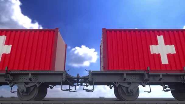 Containers Onder Zwitserse Vlag Spoorvervoer — Stockvideo