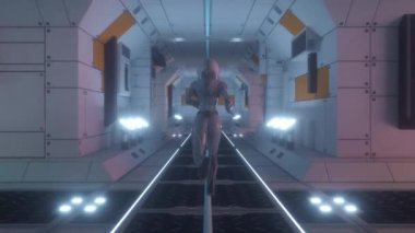 Astronot bir uzay gemisi tünelinden geçiyor. Uzay gemisi ve teknoloji konsepti.