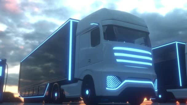 Elektriska Lastbilar Laddas Logistikcentret Laddning Elbilar — Stockvideo