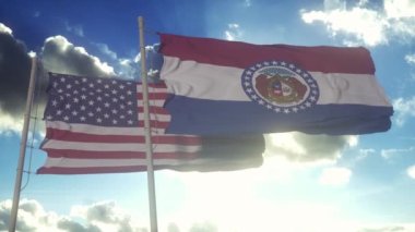 Missouri eyaletinin bayrakları Amerika Birleşik Devletleri bayrağıyla birlikte dalgalanıyor. Arka planda açık bir gökyüzü var..