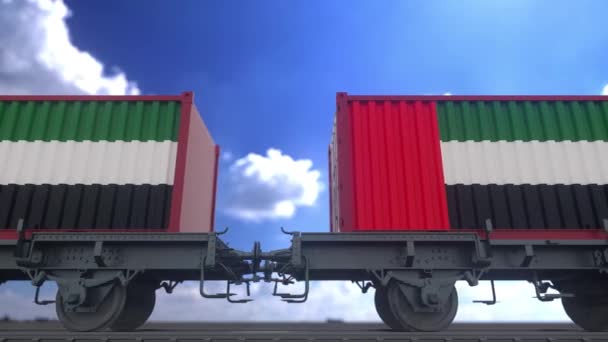 Konténerek Egyesült Arab Emírségek Zászlajával Egyesült Arab Emírségek Vasúti Közlekedés — Stock videók